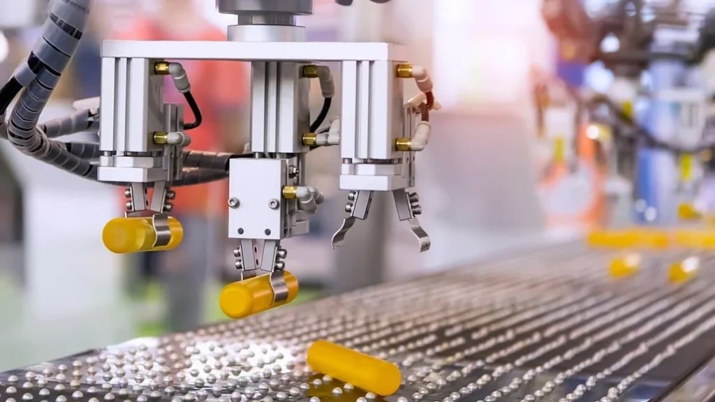 Automated robotic arms with grippers handling yellow objects on a conveyor belt in a manufacturing facility.