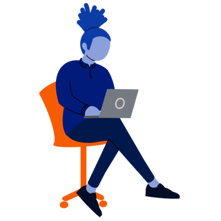 Illustration of a person sitting on an orange chair using a laptop. The figure is blue, wearing a sweater, and has hair styled in a bun.