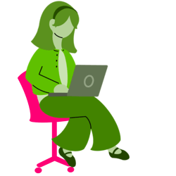 Illustration of a person sitting on a pink chair, working on a laptop.