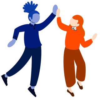 Illustration of two abstract figures high-fiving. One is blue with a ponytail, and the other is orange with long hair. Their joyful expressions convey friendship.