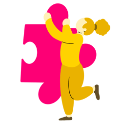 Illustration of a person with a yellow outfit playfully holding a large pink puzzle piece.